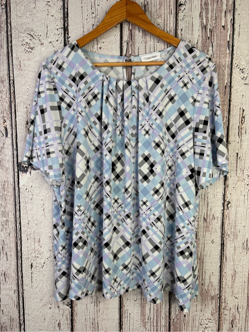 Calvin Klein Plus Size 2X Pleated Front Blouse Short Sleeve Geometric Print Top